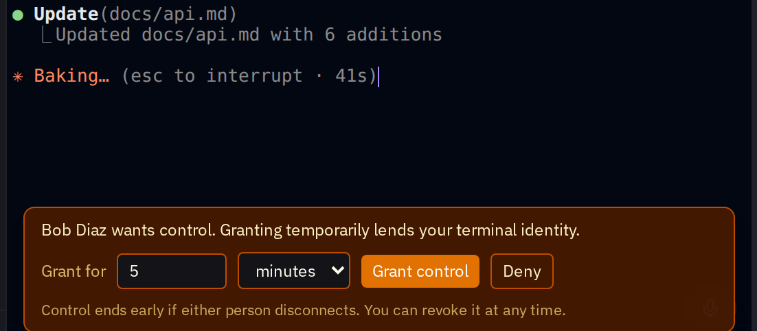 A teammate requests terminal control and the session owner grants it for five minutes