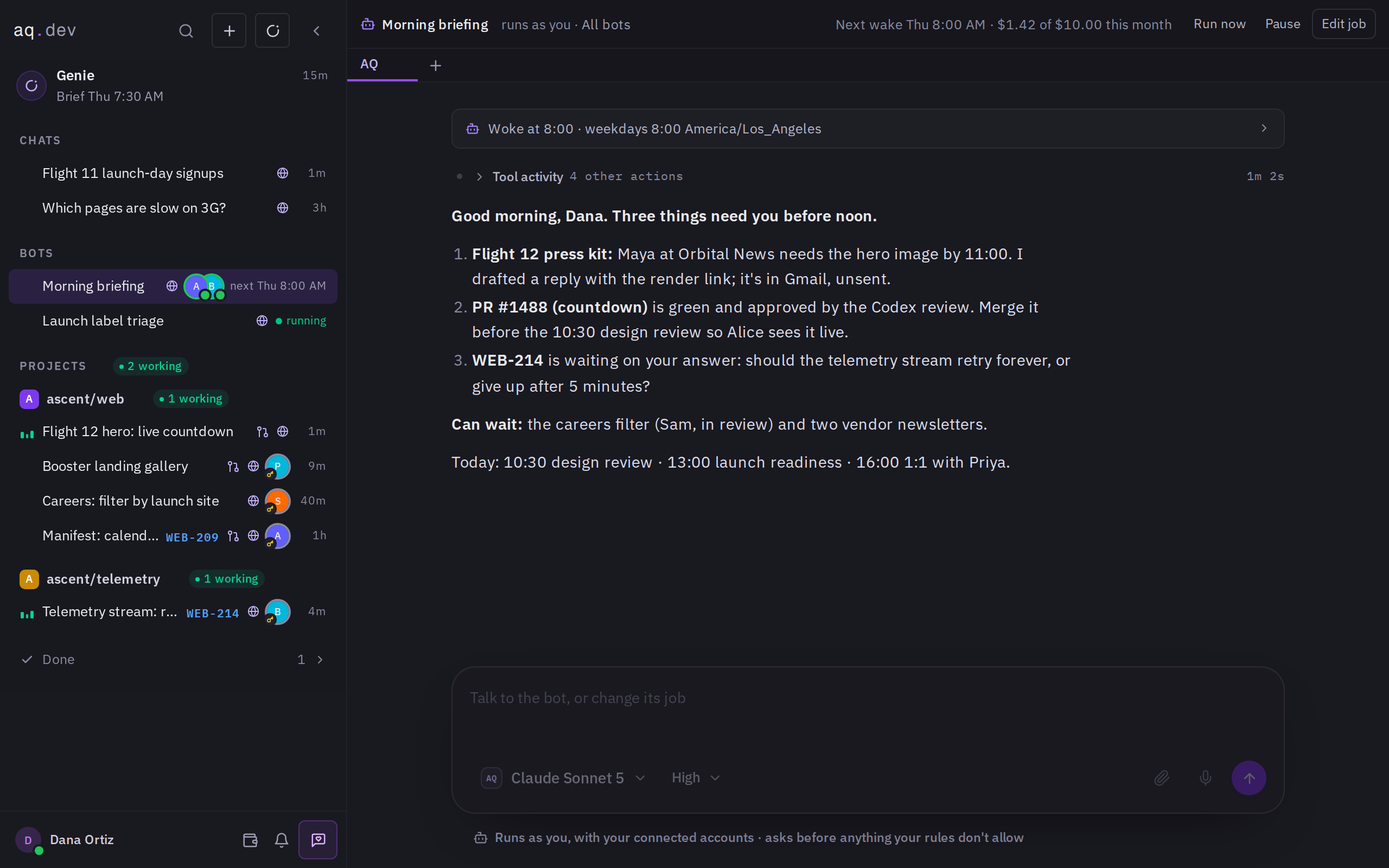 An AQ bot named Morning briefing: its schedule, monthly spend, a wake row and the briefing it wrote