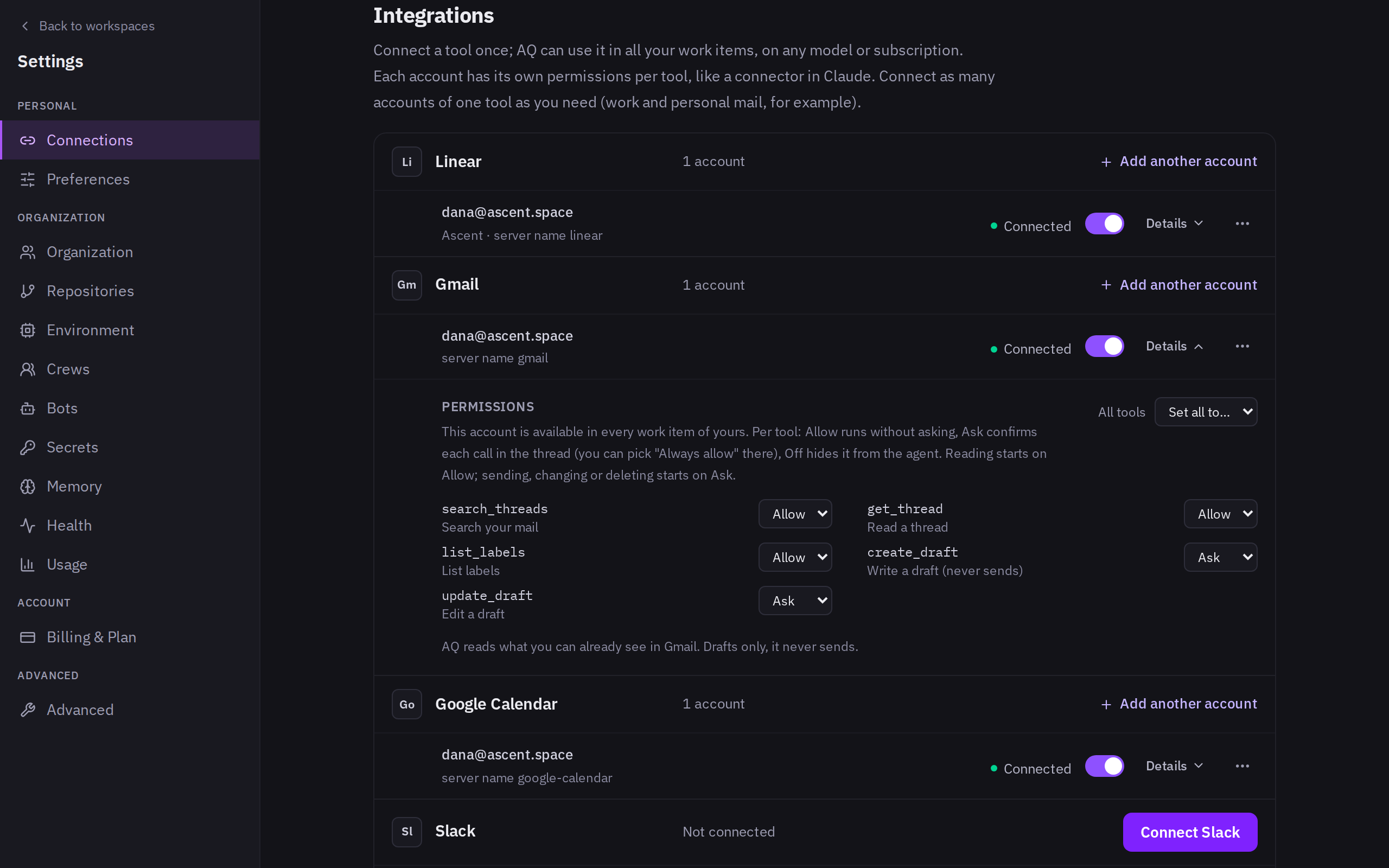 AQ's Integrations settings: connected Linear, Gmail and Calendar accounts, per-tool permissions, and a Connect Slack button