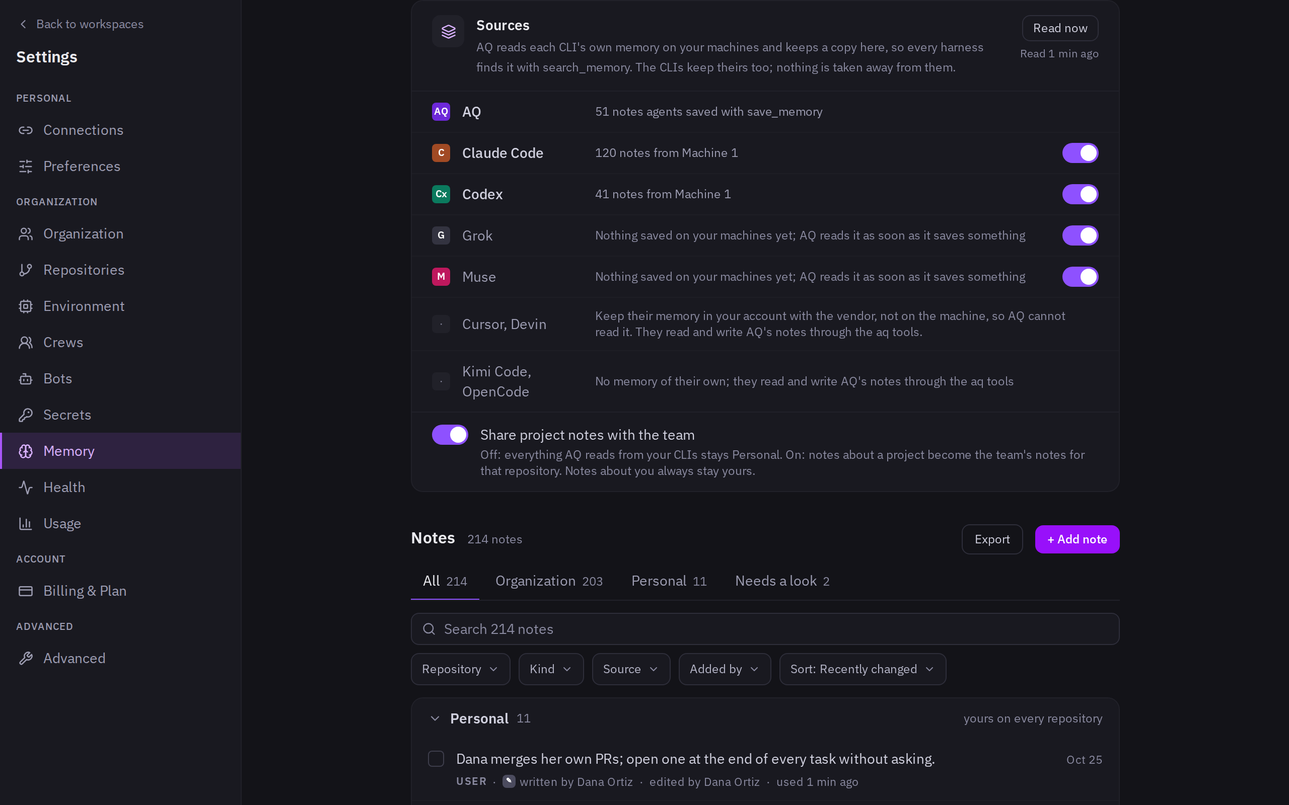 AQ's memory page with notes from Claude Code and Codex, team notes and a Needs a look tab
