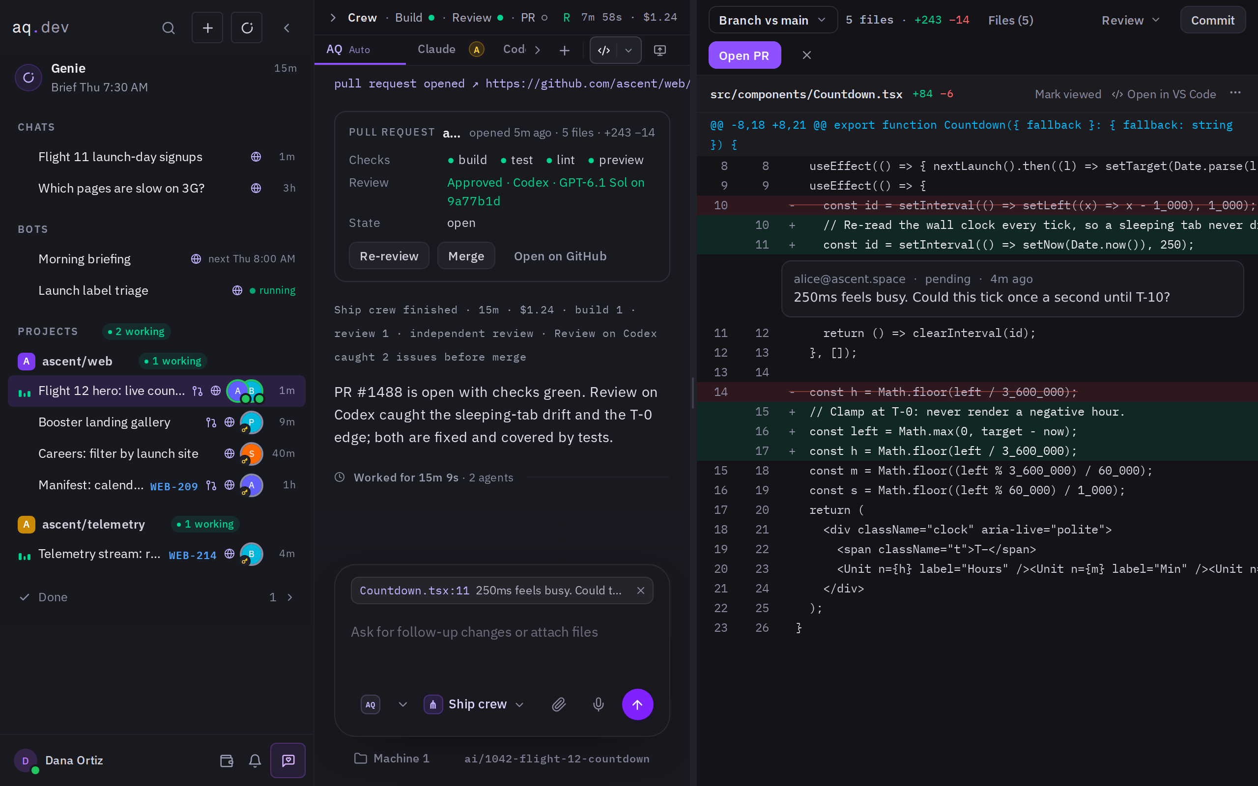 The AQ Changes panel: scopes, a file list with viewed ticks, a unified diff and a comment pinned to a line