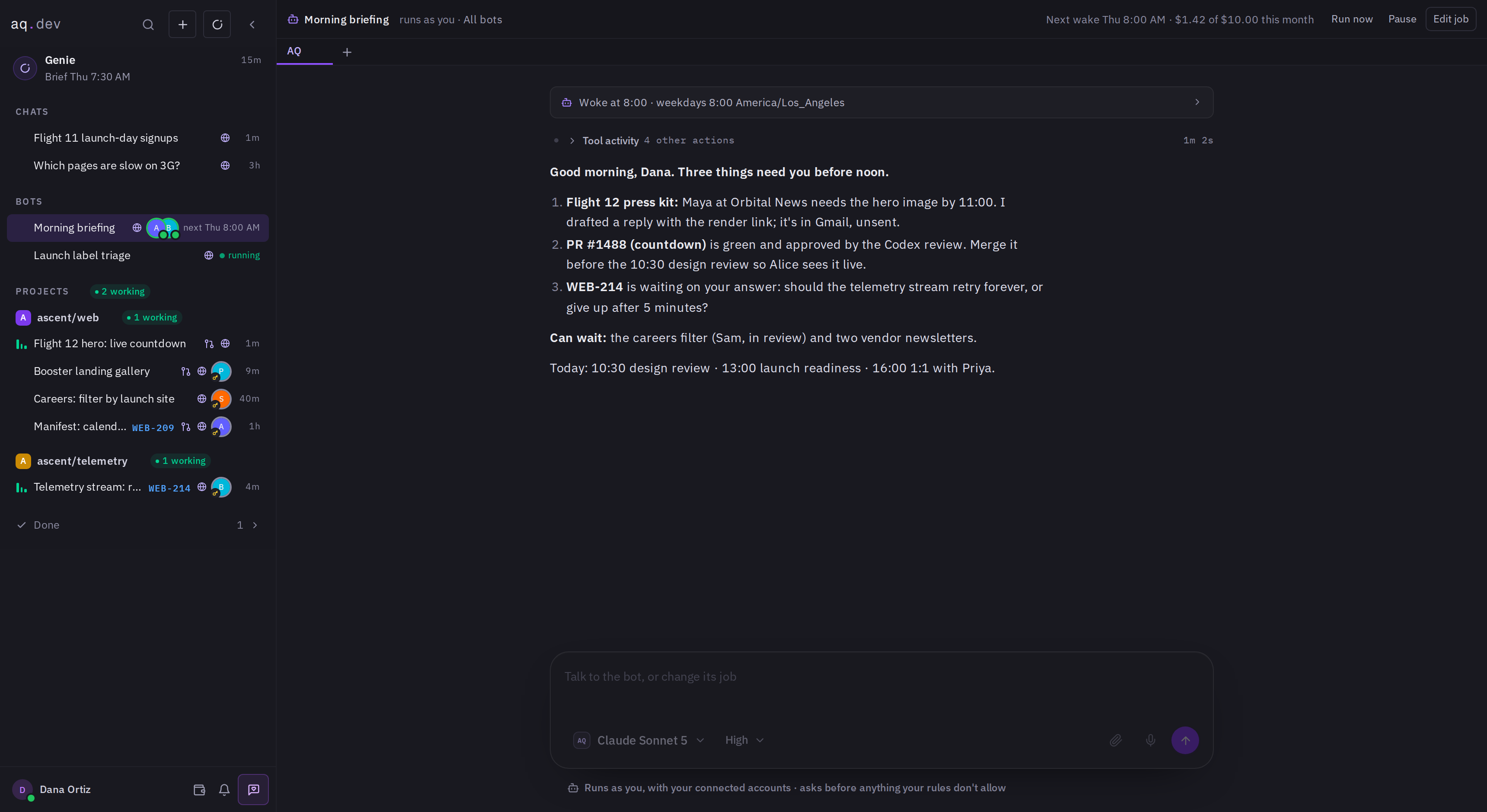 An AQ bot's morning briefing: it woke at 9:00, read mail, calendar and Linear, and listed what needs attention today