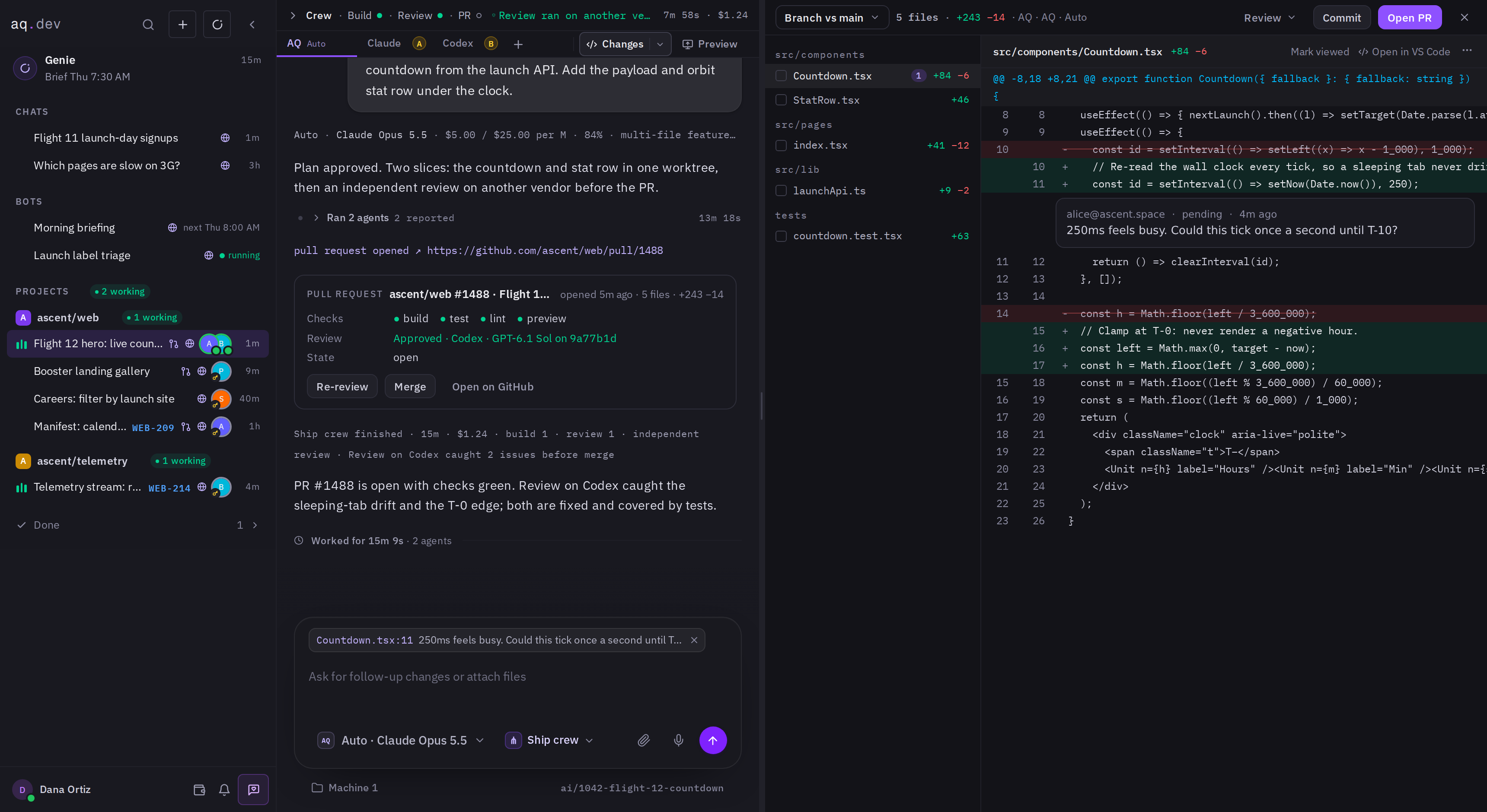 An AQ work item: the conversation with a Ship crew, the Changes panel with a diff and a line comment, and a pull request card ready to merge