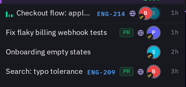 Workspace rows created from Linear issues, showing issue identifiers and pull-request badges