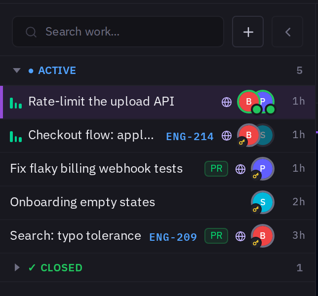 The team sidebar: five active workspaces with live presence, Linear identifiers, and pull-request badges